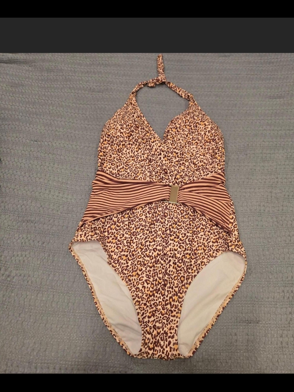 Grace Karin Leopard Print  One-Piece Swimsuit with Striped Waistband - Brown